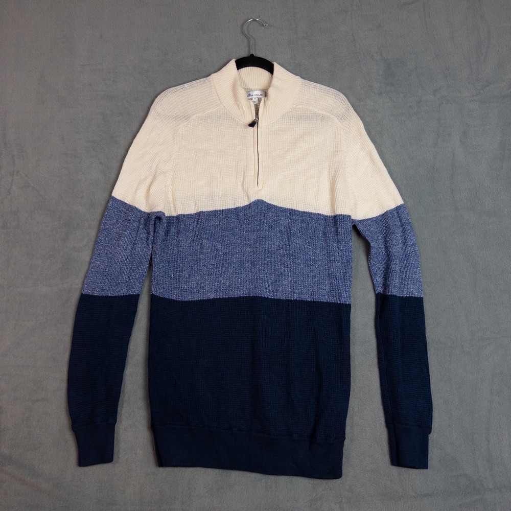 Peter Millar Sweater Mens Medium Blue Cream Excellent Merino Wool Linen 1/4 Zip